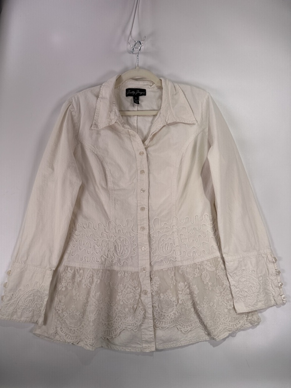 Gretty Zueger Button Down Shirt Embroidered Lace Peplum Cotton White XL - Picture 3 of 12